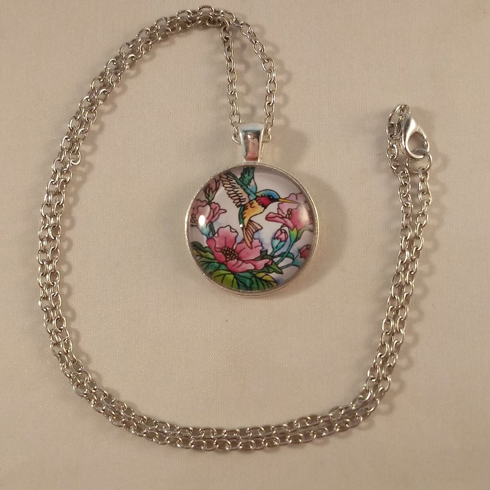 Silver Hummingbird Flower Illuminated Abstract Art Cabochon Pendant Necklace 20" - Picture 3 of 3
